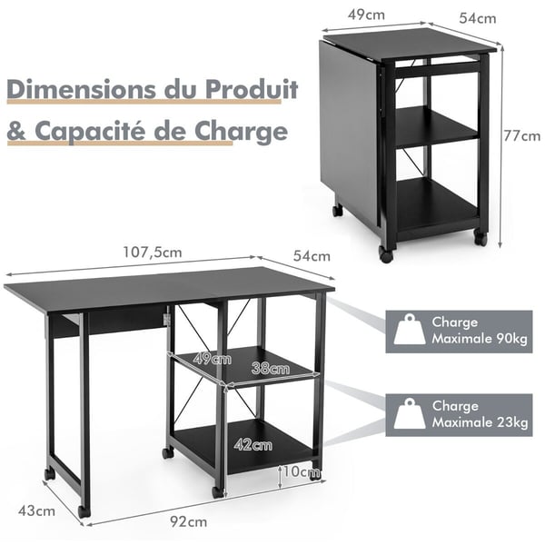 Sammenklappeligt skrivebord til kontoret, 107x53x76 cm, Sort/brun