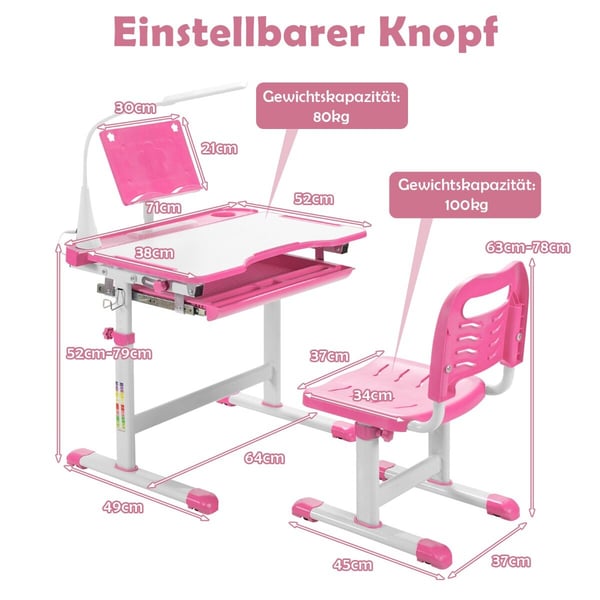 Børne skrivebord og stol sæt, 71x52x79 cm, Pink/Blå