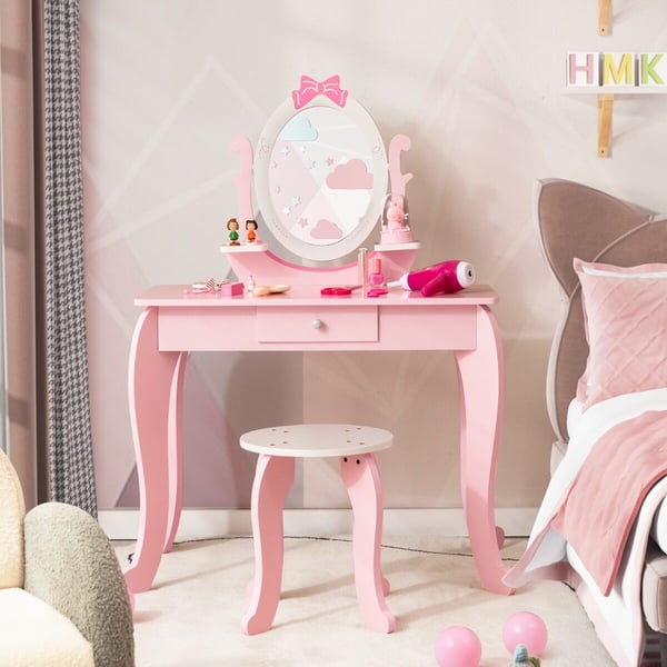 Sminkebord med taburet, 70x34x101 cm, Pink + Hvid