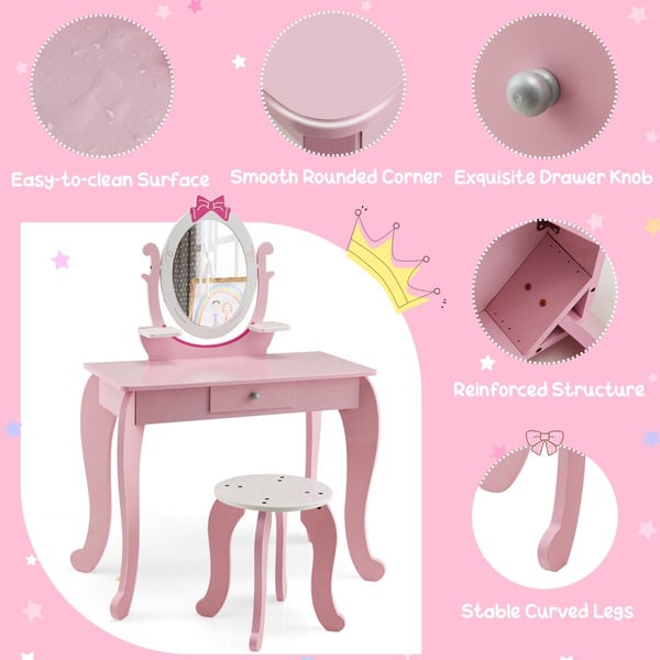 Sminkebord med taburet, 70x34x101 cm, Pink + Hvid