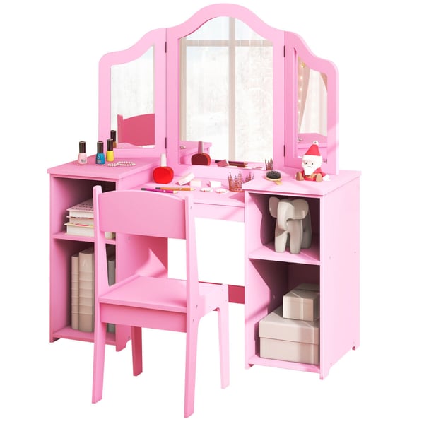 Toiletbord og Stol Sæt, 41x16x46 cm, Pink/Hvid