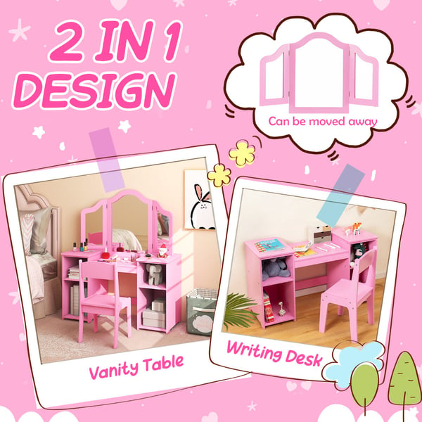 Toiletbord og Stol Sæt, 41x16x46 cm, Pink/Hvid