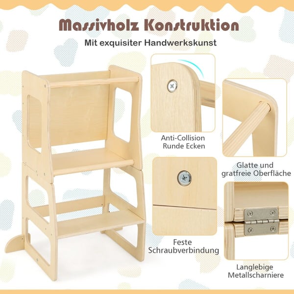Keittiön seisova torni, 3-in-1 taitettava taaperoille, 68x40x91 cm, luonnonväri
