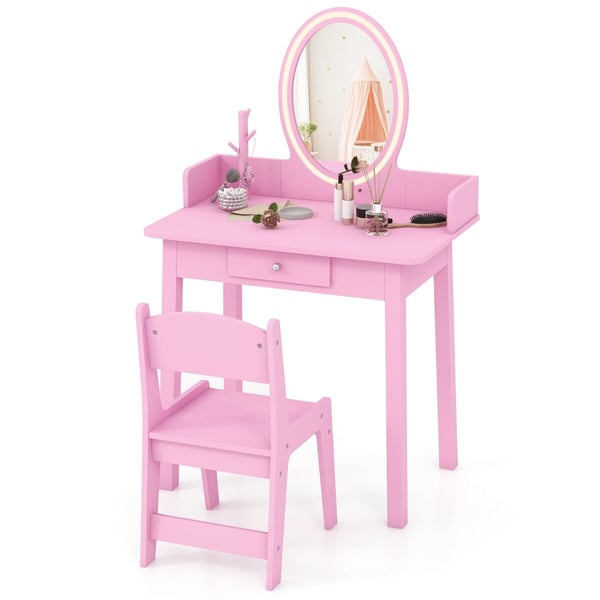 Sminkebord, Børns Sminkebord med Lysende Spejl-Rosa, 60×36×97 cm, Hvid