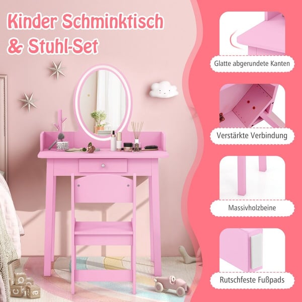 Sminkebord, Børns Sminkebord med Lysende Spejl-Rosa, 60×36×97 cm, Hvid
