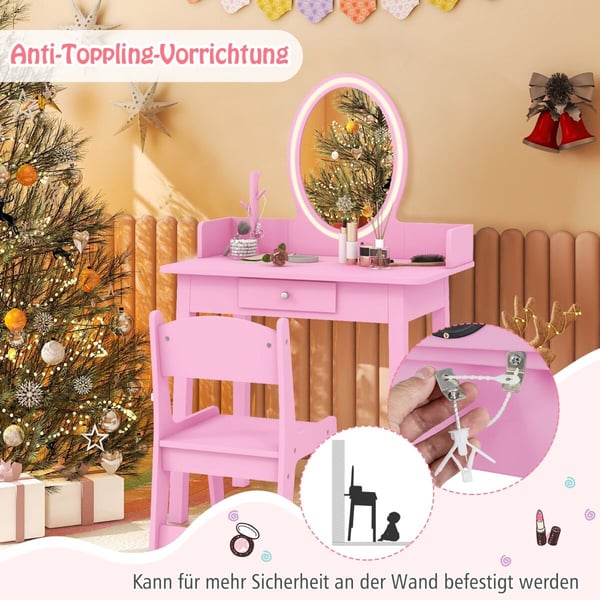Sminkebord, Børns Sminkebord med Lysende Spejl-Rosa, 60×36×97 cm, Hvid