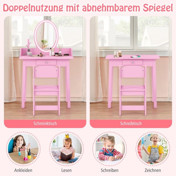 Sminkebord, Børns Sminkebord med Lysende Spejl-Rosa, 60×36×97 cm, Hvid