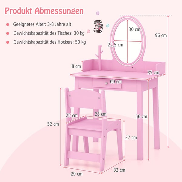Sminkebord, Børns Sminkebord med Lysende Spejl-Rosa, 60×36×97 cm, Hvid