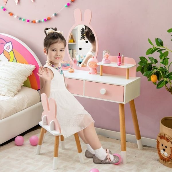 Sminkebord, Prinsesse Makeup Sminkebord med Spejl, 78x37x110 cm, Pink/Hvid