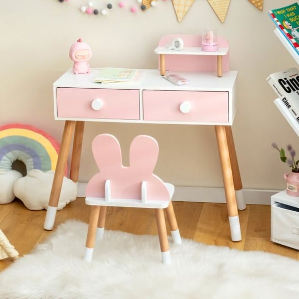Sminkebord, Prinsesse Makeup Sminkebord med Spejl, 78x37x110 cm, Pink/Hvid