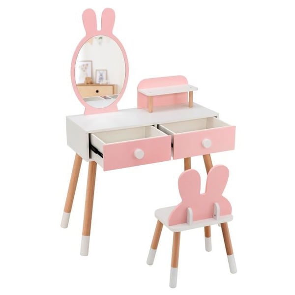 Sminkebord, Prinsesse Makeup Sminkebord med Spejl, 78x37x110 cm, Pink/Hvid