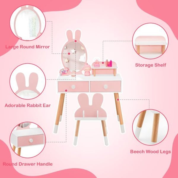 Sminkebord, Prinsesse Makeup Sminkebord med Spejl, 78x37x110 cm, Pink/Hvid