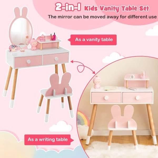 Sminkebord, Prinsesse Makeup Sminkebord med Spejl, 78x37x110 cm, Pink/Hvid