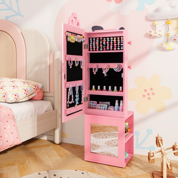 Børns smykkeskab, armoire, 3-i-1 fritstående med fuld længde spejl, 13,5x12x46", Pink/Hvid