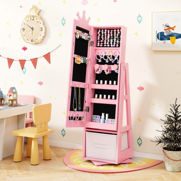 Smykkeskab til børn, 32×30×117 cm, Pink/Hvid