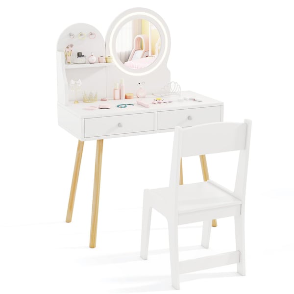Børns Prinsesse Makeup Bord og Stol Sæt, 70x34x102 cm, Hvid
