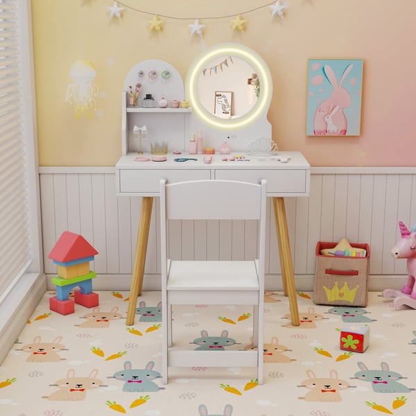 Børns Prinsesse Makeup Bord og Stol Sæt, 70x34x102 cm, Hvid