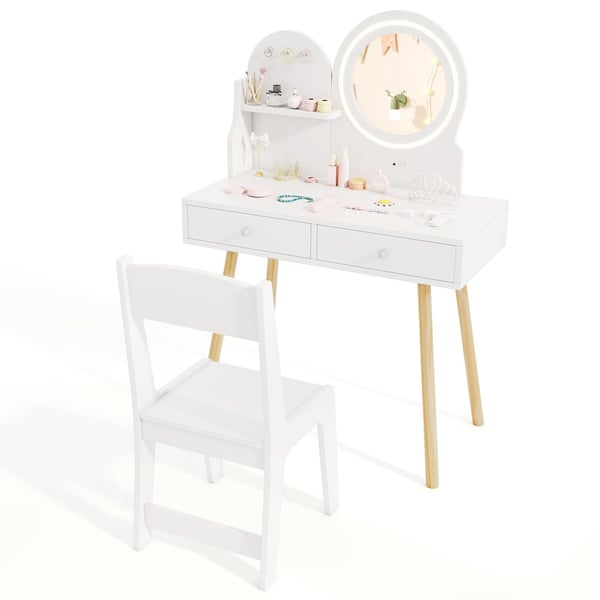 Børns Prinsesse Makeup Bord og Stol Sæt, 70x34x102 cm, Hvid