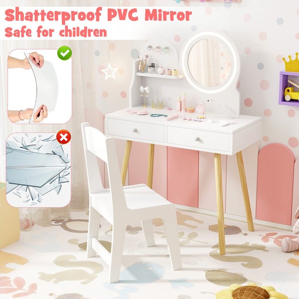Børns Prinsesse Makeup Bord og Stol Sæt, 70x34x102 cm, Hvid