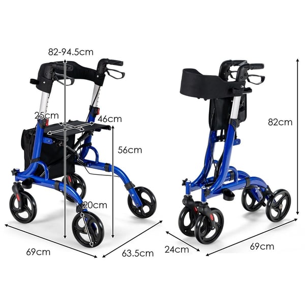 Rollaattori, 2-in-1 rollaattori istuimella, 79,5x61,5x83 cm - 96 cm, Punainen/Sininen