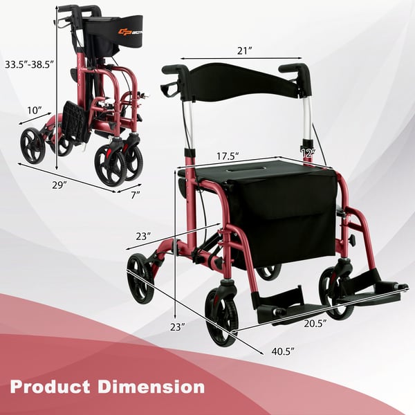Rollator Walker, 24x40.5x33.5-38.5 tommer, Rød
