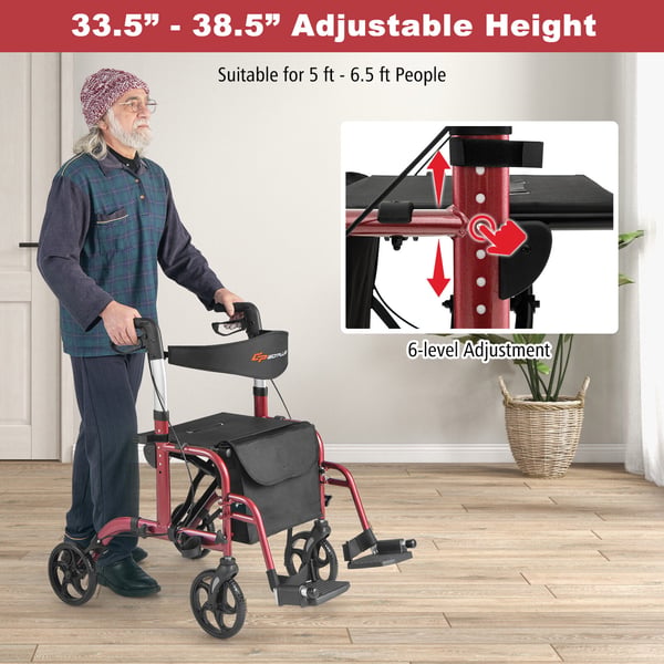 Rollator Walker, 24x40.5x33.5-38.5 tommer, Rød