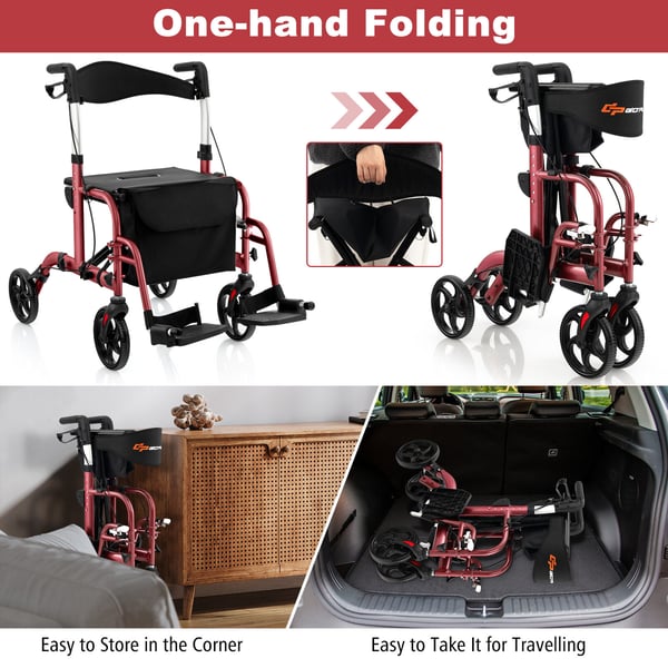 Rollator Walker, 24x40.5x33.5-38.5 tommer, Rød