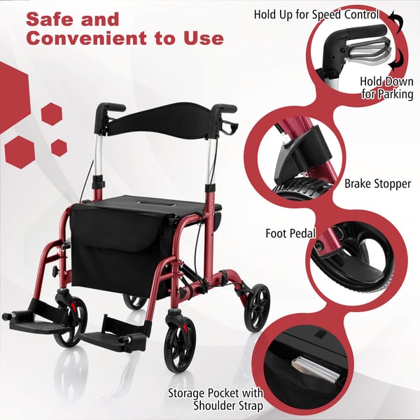 Rollator Walker, 24x40.5x33.5-38.5 tommer, Rød