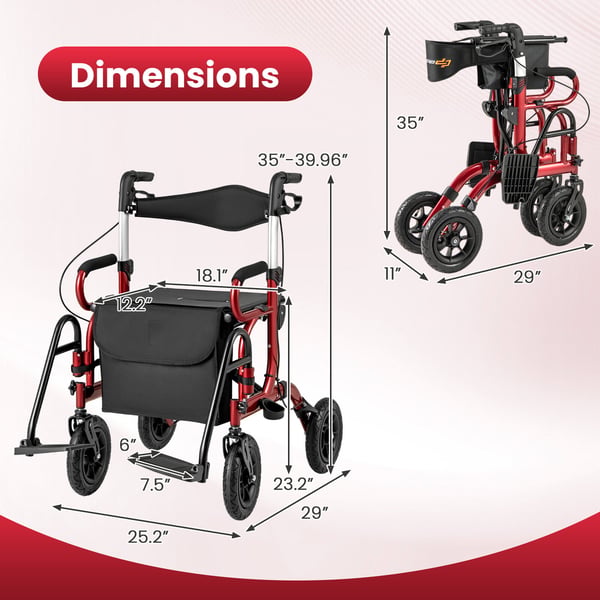 Rollator Walker, 64x103 cm, Rød - materiale: aluminium + stof + plastik