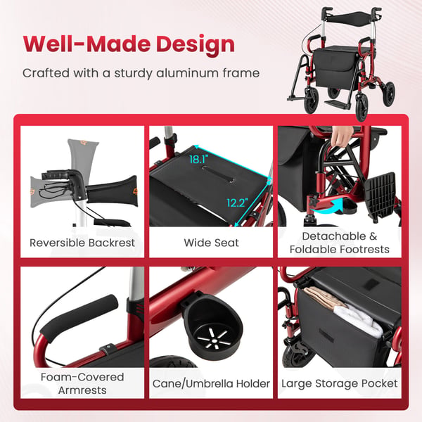 Rollator Walker, 64x103 cm, Rød - materiale: aluminium + stof + plastik