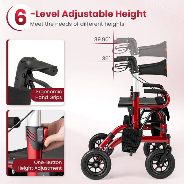 Rollator Walker, 64x103 cm, Rød - materiale: aluminium + stof + plastik