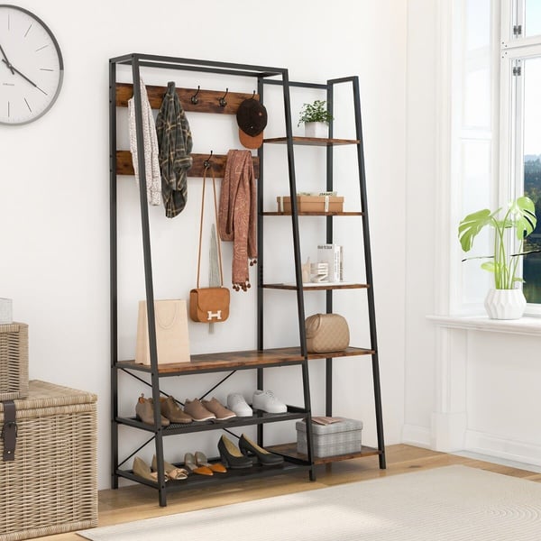 Entre hall tree med opbevaringsbænk, 118×41×180 cm, Sort + Rustik Brun