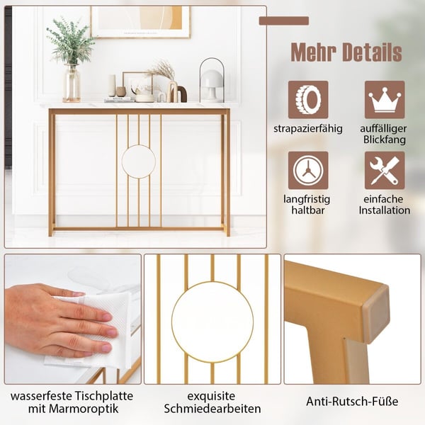 Indgangsbord, Moderne Imiteret Marmorbordplade, 119×30×80 cm, Hvid, Guld