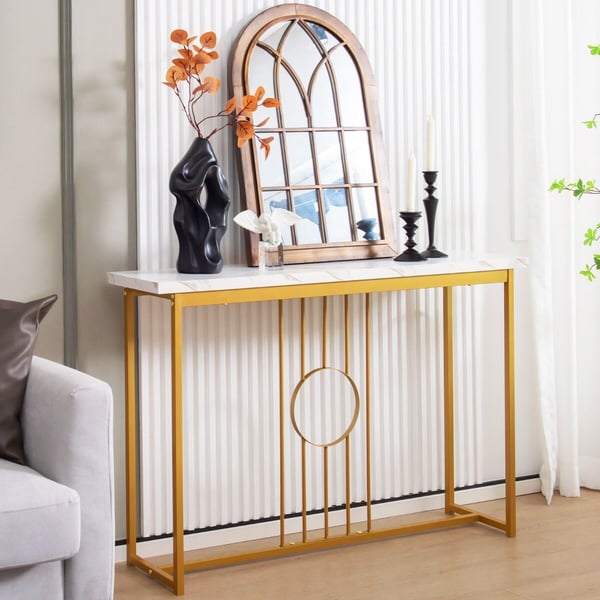 Indgangsbord, Moderne Imiteret Marmorbordplade, 119×30×80 cm, Hvid, Guld