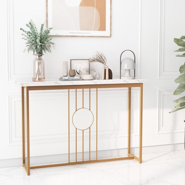Indgangsbord, Moderne Imiteret Marmorbordplade, 119×30×80 cm, Hvid, Guld