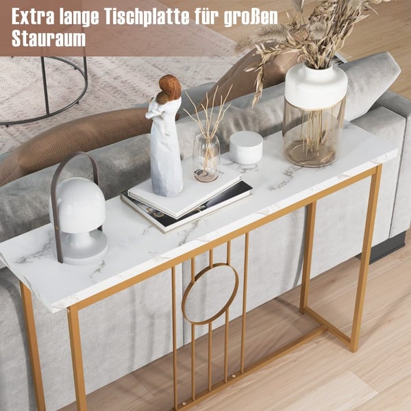 Indgangsbord, Moderne Imiteret Marmorbordplade, 119×30×80 cm, Hvid, Guld