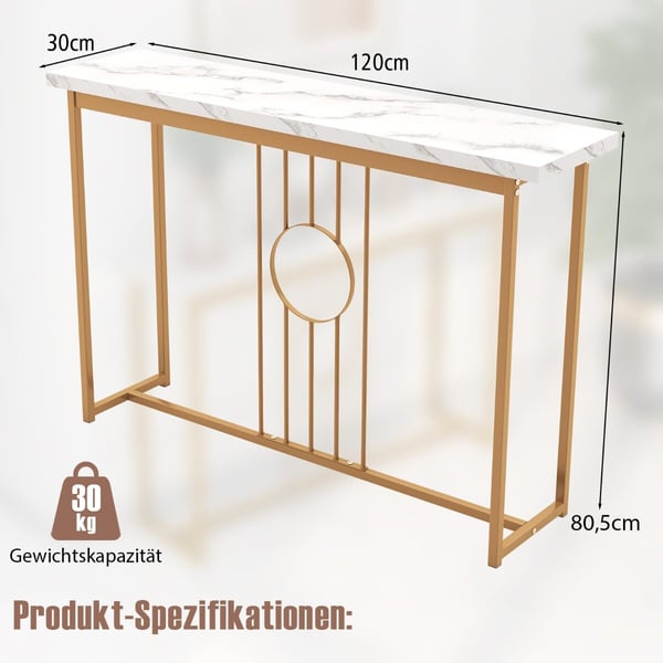 Indgangsbord, Moderne Imiteret Marmorbordplade, 119×30×80 cm, Hvid, Guld