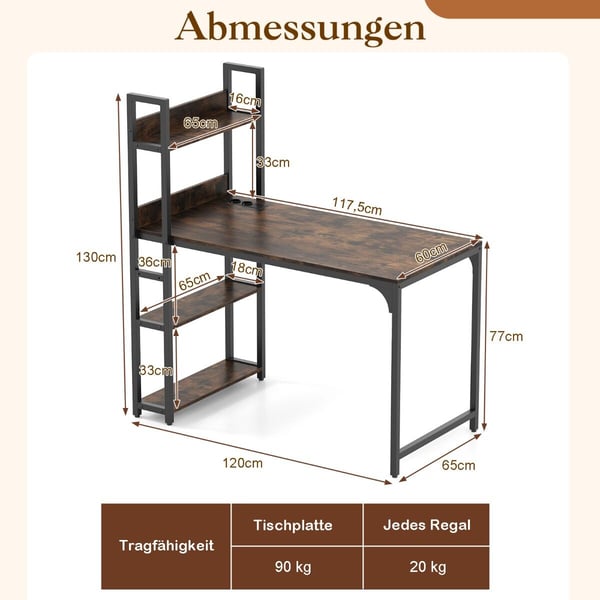 Skrivebord, 120x65x130 cm, Brun