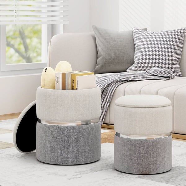 Opbevaringspuf-sæt, fløjl/linned, opbevaringspuf-sæt med 2 stk., 14x14x18 tommer, beige/grå