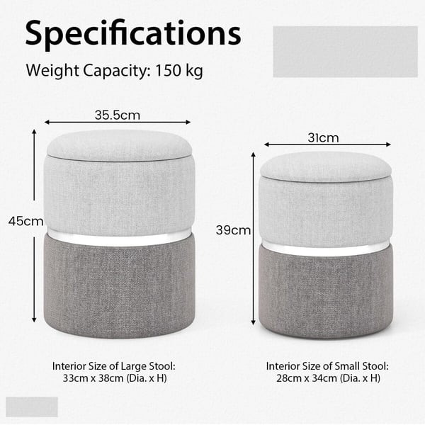 Opbevaringspuf-sæt, fløjl/linned, opbevaringspuf-sæt med 2 stk., 14x14x18 tommer, beige/grå