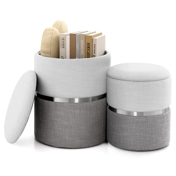 Opbevaringspuf-sæt, fløjl/linned, opbevaringspuf-sæt med 2 stk., 14x14x18 tommer, beige/grå