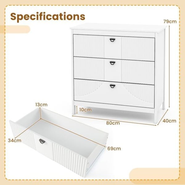 Skuffeskab, 80x40x79 cm, Hvid - materiale: MDF, Spånplade