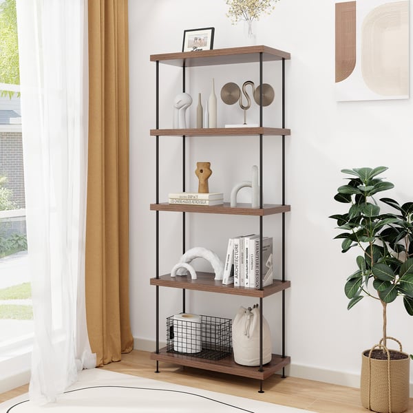 Näyttöhylly, 2/3/4/5-tasoinen monikäyttöinen näyttöhylly metallirungolla - 5-tasoinen, 60×29×147 cm, pähkinäpuu
