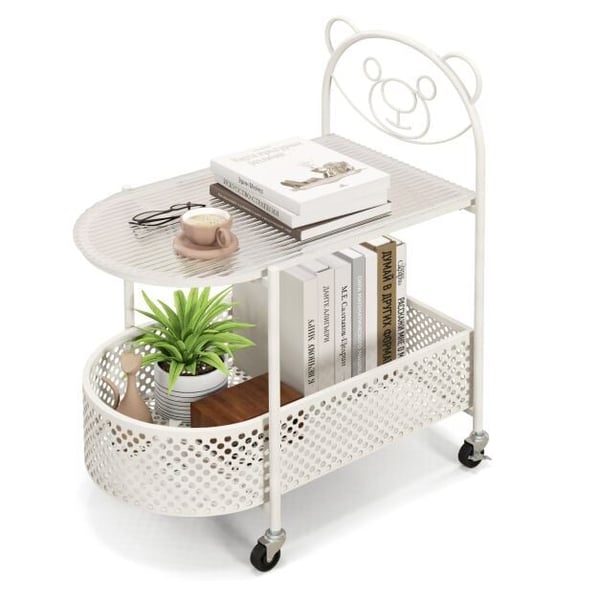 Kahvipöytä, 2-tasoinen liikkuva lasinen kahvipöytä karhukuvioilla ja säilytyskorilla, 60x40x76 cm, valkoinen