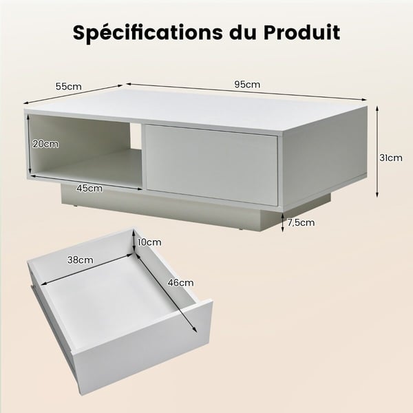 Kaffebord, 95x55x31 cm, Hvid