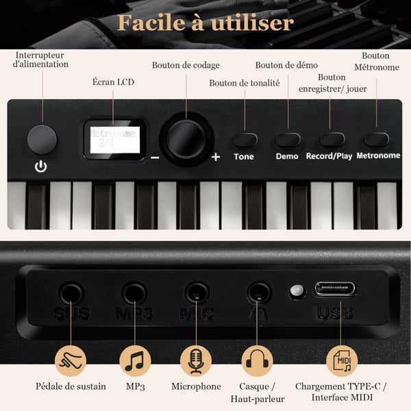 Digitalt klaver keyboard, 126x30x22,5 cm, Sort
