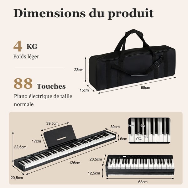 Digitalt klaver keyboard, 126x30x22,5 cm, Sort