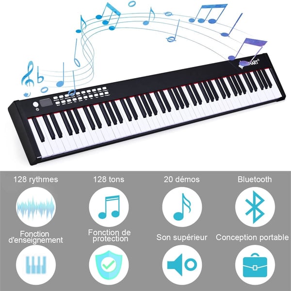 Digitalt klaver keyboard, 127x21.5x6.5 cm, Sort/Hvid