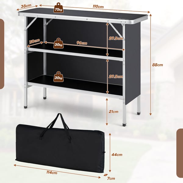 Campingbord, 110x38x88 cm, Sort