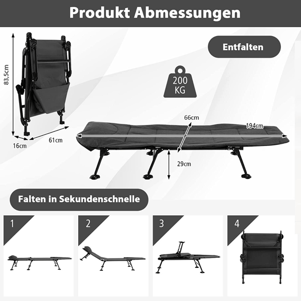 Sammenklappelig camping feltseng, 194x64x29 cm, Grå